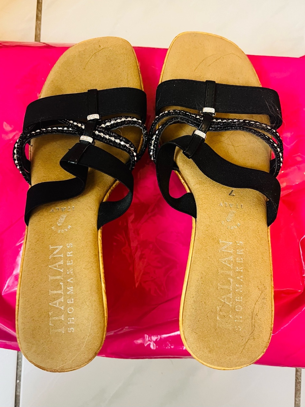 Italian Shoemakers Black Slide Sandals with Beaded Straps